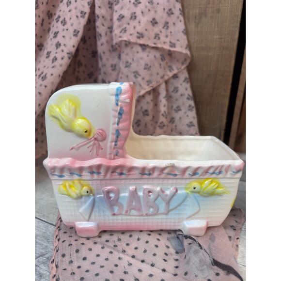 Vintage Set Ceramic Baby Carriage Bassinet Baby Shower Planter Gift Boy or Girl - Picture 2 of 15